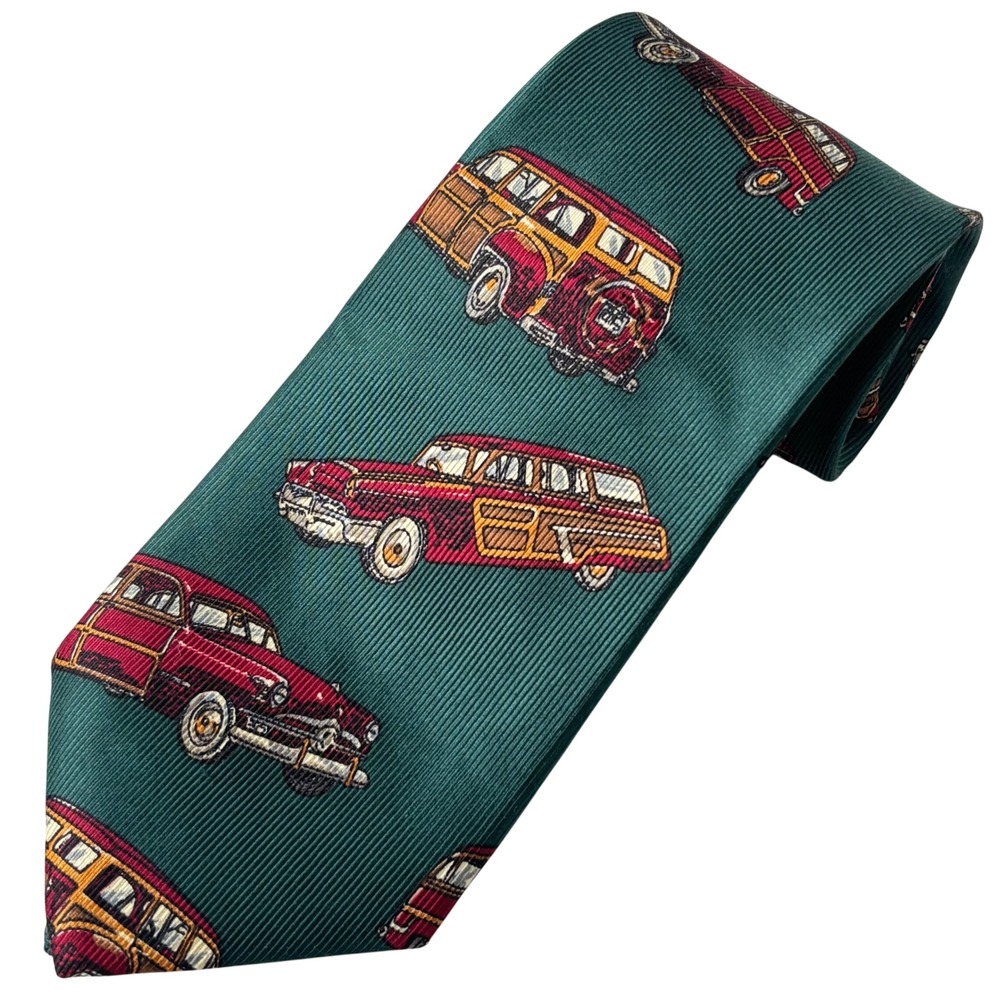 Lands End Silk Tie Mens Green Woodie Station Wagon USA Preppy Old Money